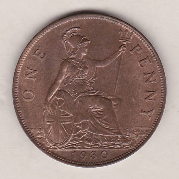1930 Bronze Penny coin. The obverse features the portrait of King George V. The coin depicts Britannia seated to the right on the Reverse.