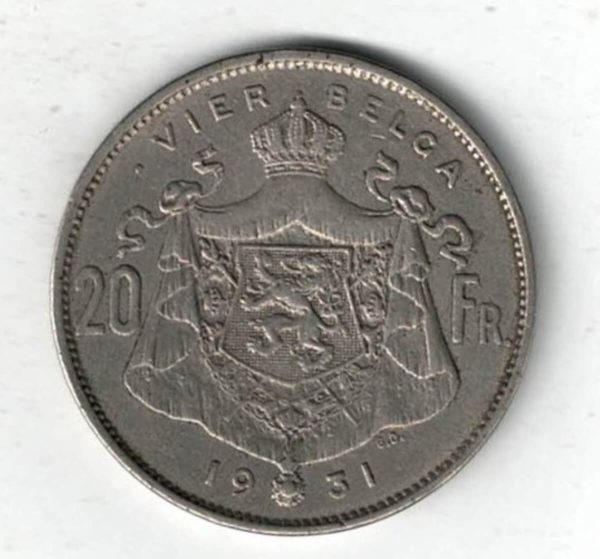 1931 Belgium Nickel Twenty Francs Coin. The obverse features the bust of king Albert I facing left. All coins are in stock.