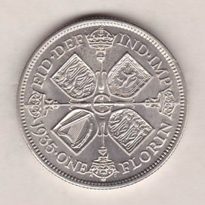 1935 Silver Florin coin. The portrait of King George V on the Obverse. The cruciform crowned sceptres around central G on the reverse.