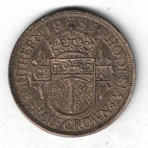 1935 Southern Rhodesia Silver Halfcrown Coin. The obverse features the portrait of King George V facing left. All coins are in stock.