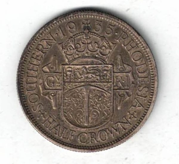 1935 Southern Rhodesia Silver Halfcrown Coin. The obverse features the portrait of King George V facing left. All coins are in stock.