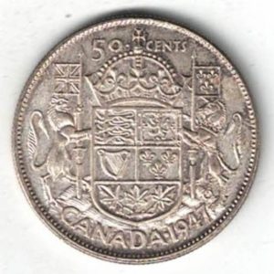 1947 Canada Silver Fifty Cent Coin. The obverse side of the coin features George VI facing left. The reverse features the Royal Coat of Arms of Canada.