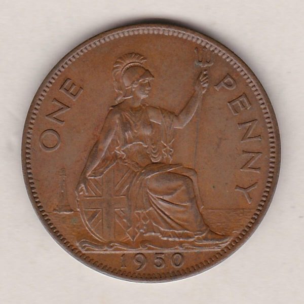1950 Bronze Penny coin. The obverse features the portrait of King George VI. The coin depicts Britannia seated to the right on the Reverse.