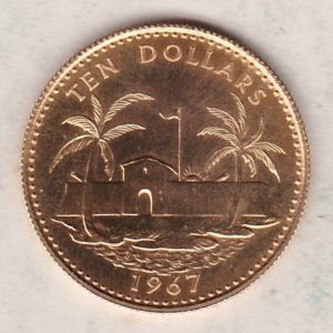 1967 Bahamas Ten Dollars Coin. The obverse features the bust of Elizabeth II facing right. Then reverse features a fortress.