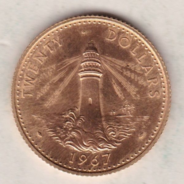 1967 Bahamas Twenty Dollars Coin. The obverse features the bust of Elizabeth II facing right. Then reverse features a lighthouse.