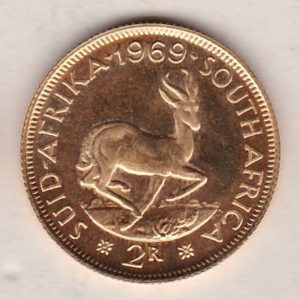 1969 South Africa Gold Proof Two Rand coin. The obverse features the portrait of Jan van Riebeeck. The springbok on the Reverse.
