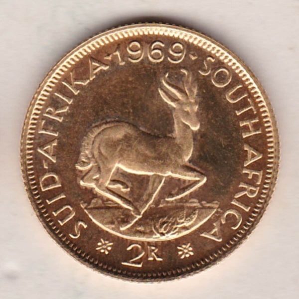 1969 South Africa Gold Proof Two Rand coin. The obverse features the portrait of Jan van Riebeeck. The springbok on the Reverse.