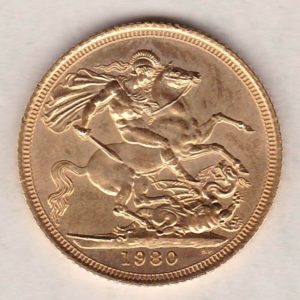1980 Gold Sovereign Coin. This coin features the second portrait of Queen Elizabeth II on the obverse. St George and dragon on the reverse.