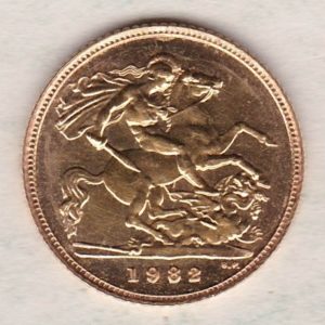 1982 Gold Half Sovereign coin featuring the second portrait of Queen Elizabeth II on the Obverse and St George and the dragon on the Reverse.