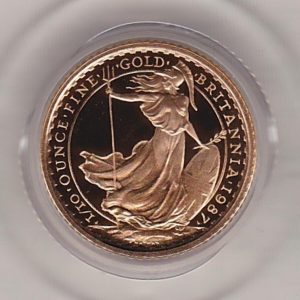 1987 Gold Proof Tenth Ounce Britannia coin featuring Queen Elizabeth II on the Obverse. The standing Britannia holding a trident features on the Reverse.