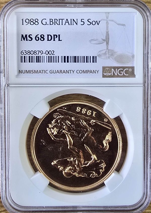 1988 Gold Five Pounds. This brilliant uncirculated issue comes sealed in the plastic slab authenticated and graded MS 68 DPL by NGC.
