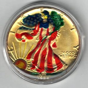 1988 Silver USA Enamelled One Ounce Eagle Coin The liberty is on the obverse, The eagle is on the reverse. The coin contains one ounce of 999 fine silver.