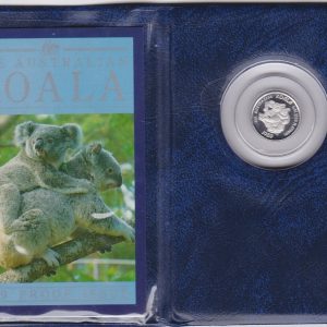 1989 Australia Platinum Proof Twentieth Ounce coin. The obverse features Queen Elizabeth II. The reverse features a koala.
