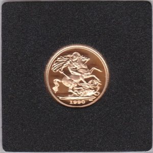 1990 gold proof half sovereign coin in capsule. This coin features Queen Elizabeth II on the obverse and St George and the dragon on the Reverse.
