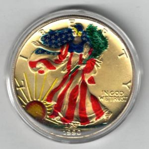 1990 Silver USA Enamelled One Ounce Eagle Coin The liberty is on the obverse, The eagle is on the reverse. The coin contains one ounce of 999 fine silver.