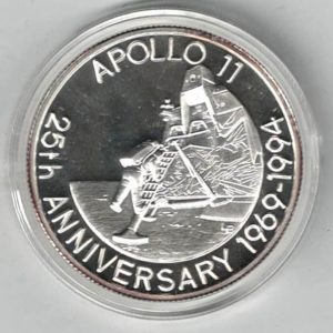 1993 Turks And Caicos Silver One Ounce Apollo Eleven Coin . The obverse features the portrait of  Queen Elizabeth II facing right.