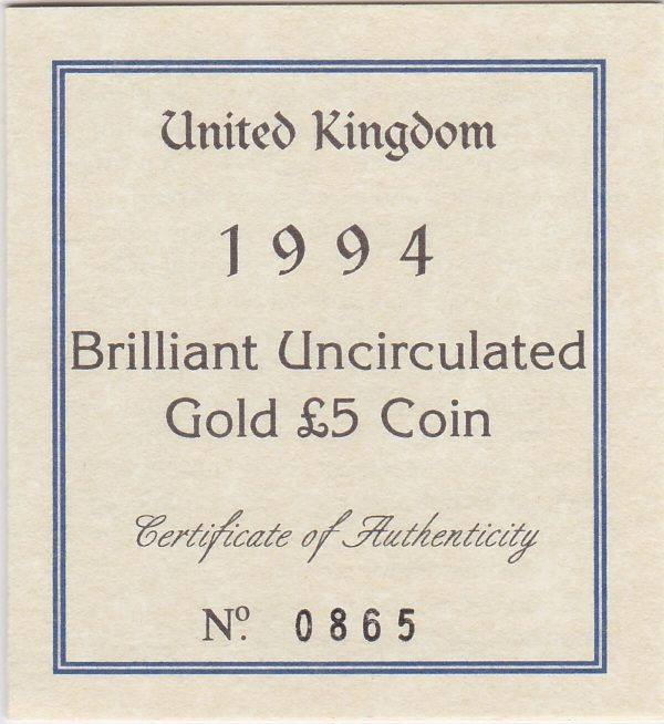 1994 Gold Five Pounds Coin Brilliant Uncirculated - Image 3
