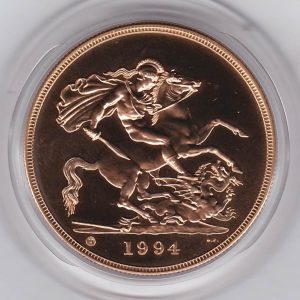 1994 Gold Five Pounds. This brilliant uncirculated issue comes in the original green boxed with certificate as issued by the royal mint.
