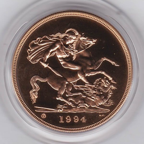 1994 Gold Five Pounds. This brilliant uncirculated issue comes in the original green boxed with certificate as issued by the royal mint.