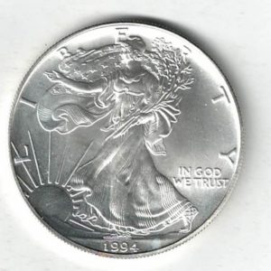 1994 Silver USA One Ounce Eagle. The liberty is on the obverse, The eagle is on the reverse. The coin contains one ounce of 999 fine silver.