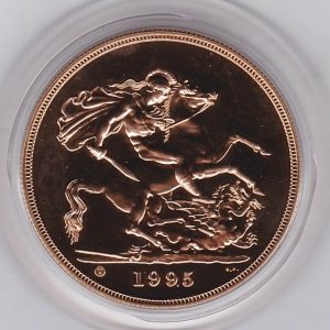 1995 Gold Five Pounds. This brilliant uncirculated issue comes in the original green boxed with certificate as issued by the royal mint.