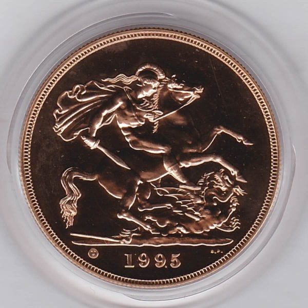 1995 Gold Five Pounds. This brilliant uncirculated issue comes in the original green boxed with certificate as issued by the royal mint.