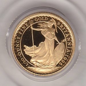 1995 Gold Proof Tenth Ounce Britannia coin featuring Queen Elizabeth II on the Obverse. The standing Britannia holding a trident features on the Reverse.
