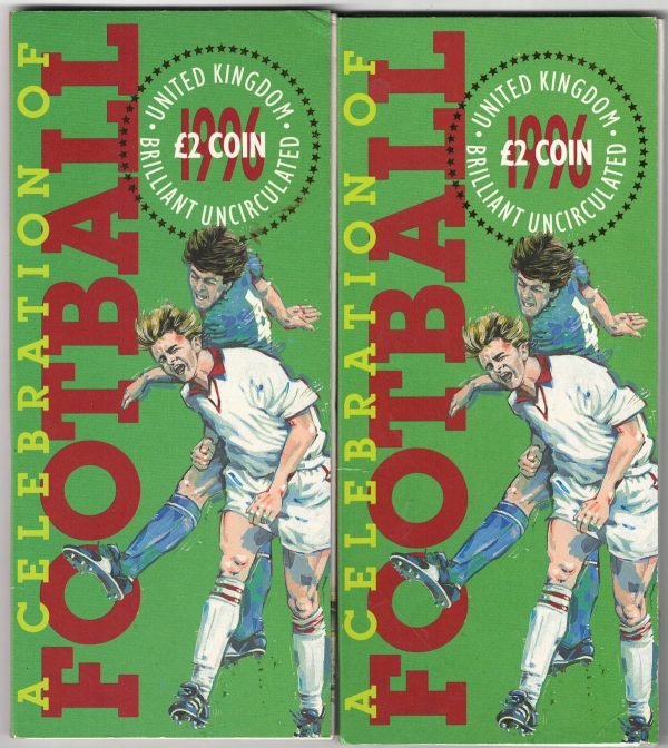 Two 1996 Royal Mint two pound coins, Celebration of football. All coins are in stock for despatch. You are buying two, two pound coins.