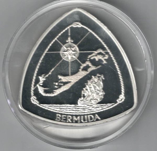 1996 Bermuda Silver Five Ounce Triangular Nine Dollar Coin. This coin weighs 155.52 grams of 0.999 silver. All coins are in stock.