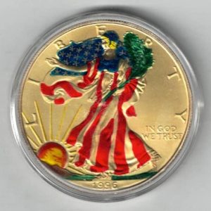 1996 Silver USA Enamelled One Ounce Eagle Coin The liberty is on the obverse, The eagle is on the reverse. The coin contains one ounce of 999 fine silver.