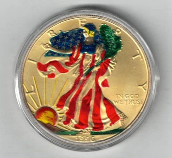 1996 Silver USA Enamelled One Ounce Eagle Coin The liberty is on the obverse, The eagle is on the reverse. The coin contains one ounce of 999 fine silver.