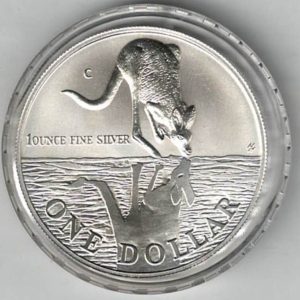 1997 Silver Australia One Ounce Kangaroo. Elizabeth II is on the obverse, The kangaroo is on the reverse. The coin contains one ounce of 999 fine silver.