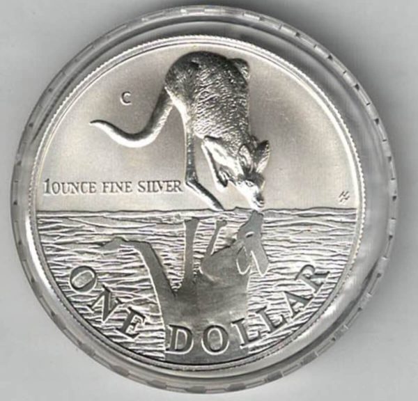 1997 Silver Australia One Ounce Kangaroo. Elizabeth II is on the obverse, The kangaroo is on the reverse. The coin contains one ounce of 999 fine silver.