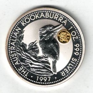 1997 Silver Australia One Ounce Kookaburra Elizabeth II is on the obverse, The Kookaburra is on the reverse. The coin contains one ounce of 999 fine silver