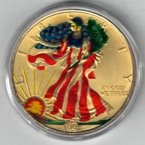 1997 Silver USA Enamelled One Ounce Eagle Coin The liberty is on the obverse, The eagle is on the reverse. The coin contains one ounce of 999 fine silver.