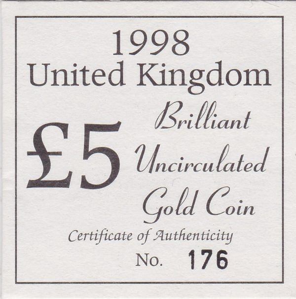 1998 Gold Five Pounds Coin Brilliant Uncirculated - Image 3
