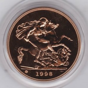 1998 Gold Five Pounds. This brilliant uncirculated issue comes in the original green boxed with certificate as issued by the royal mint.