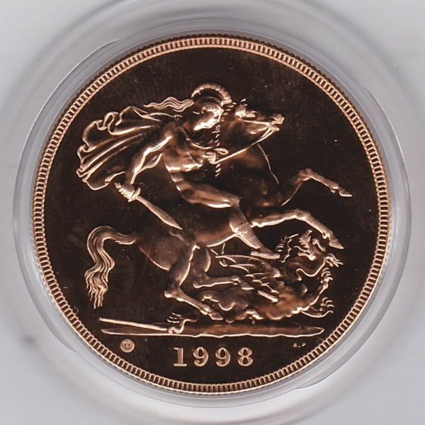 1998 Gold Five Pounds. This brilliant uncirculated issue comes in the original green boxed with certificate as issued by the royal mint.