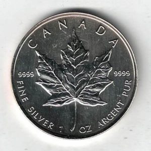 1998 Silver Canada One Ounce Maple. Elizabeth II is on the obverse, The Maple is on the reverse. The coin contains one ounce of 9999 fine silver.