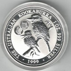 1999 Silver Australia One Ounce Kookaburra Elizabeth II is on the obverse, The Kookaburra is on the reverse. The coin contains one ounce of 999 fine silver