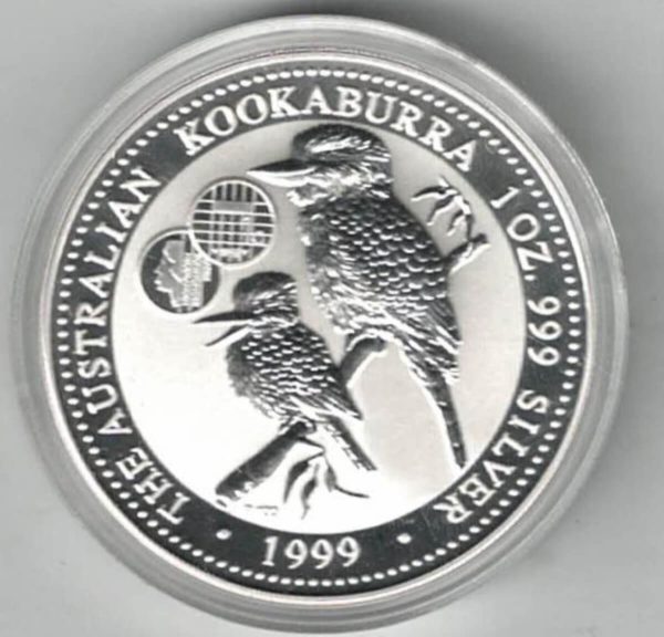 1999 Silver Australia One Ounce Kookaburra Elizabeth II is on the obverse, The Kookaburra is on the reverse. The coin contains one ounce of 999 fine silver