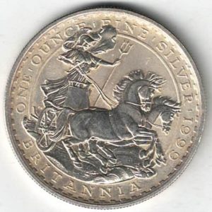 1999 Silver One Ounce Britannia Coin. Queen Elizabeth II is on the obverse. All coins are in stock for dispatch. You are buying one coin.