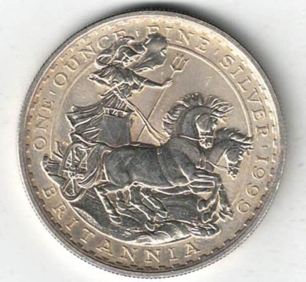 1999 Silver One Ounce Britannia Coin. Queen Elizabeth II is on the obverse. All coins are in stock for dispatch. You are buying one coin.