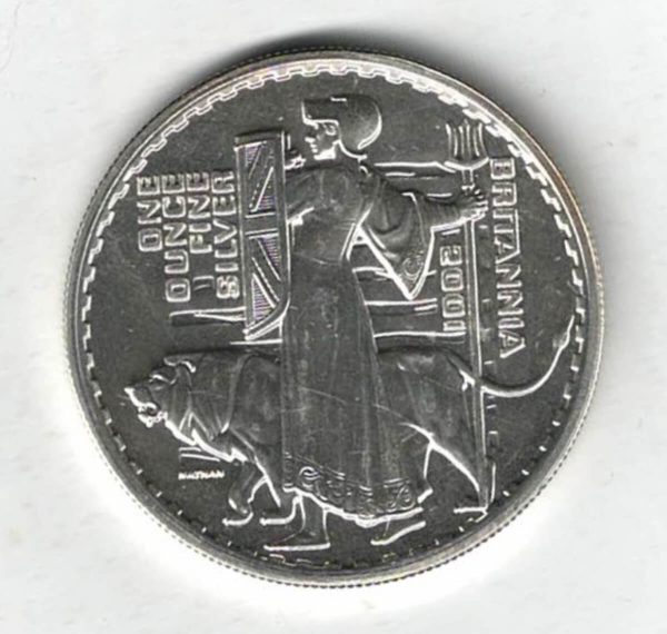 2001 Silver Britannia One Ounce Coin. The coin contains one ounce of fine silver. All of our silver coins have been pre-owned and are in stock.