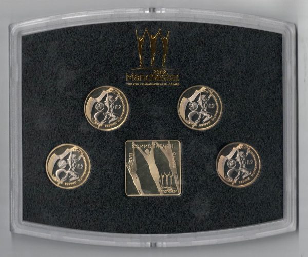 2002 Commonwealth Games Two Pounds Four Coin Set featuring Elizabeth II on the obverse. All coins are in stock for despatch.