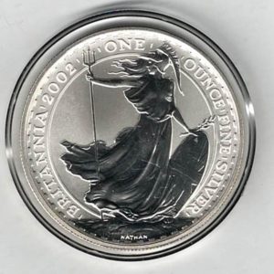 2002 Silver Britannia One Ounce Coin. The coin contains one ounce of fine silver. All of our silver coins have been pre-owned and are in stock.
