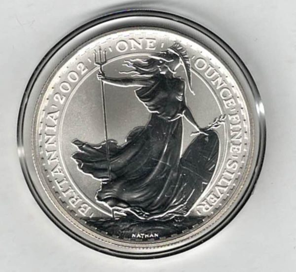 2002 Silver Britannia One Ounce Coin. The coin contains one ounce of fine silver. All of our silver coins have been pre-owned and are in stock.