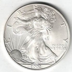 2002 Silver USA One Ounce Eagle. The liberty is on the obverse, The eagle is on the reverse. The coin contains one ounce of 999 fine silver.