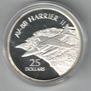 2003 Solomon Islands Silver Proof One Ounce AV-8B Harrier II. The coin contains one ounce of 999 fine silver. All coins are in stock.