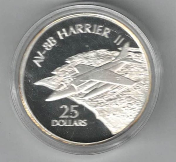 2003 Solomon Islands Silver Proof One Ounce AV-8B Harrier II. The coin contains one ounce of 999 fine silver. All coins are in stock.